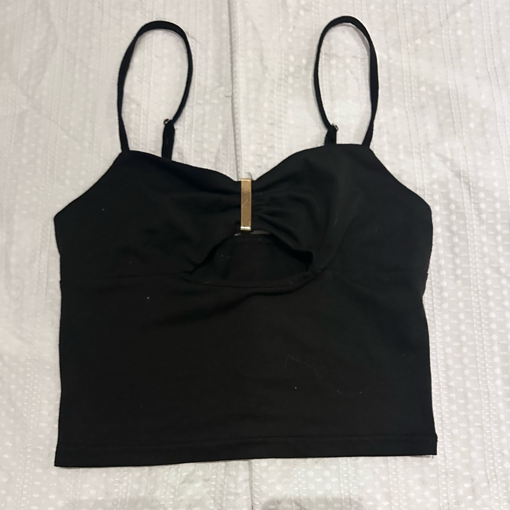 Black Spaghetti Strap Cutout Crop Top - Gold Detailing - Size S